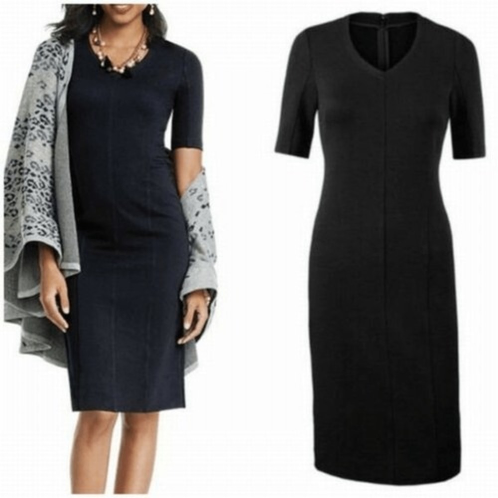 Cabi 5304 V-Neck Ponte Sheath Dress Black Short Sleeve Knee Length Womens Size 8 - Picture 1 of 7